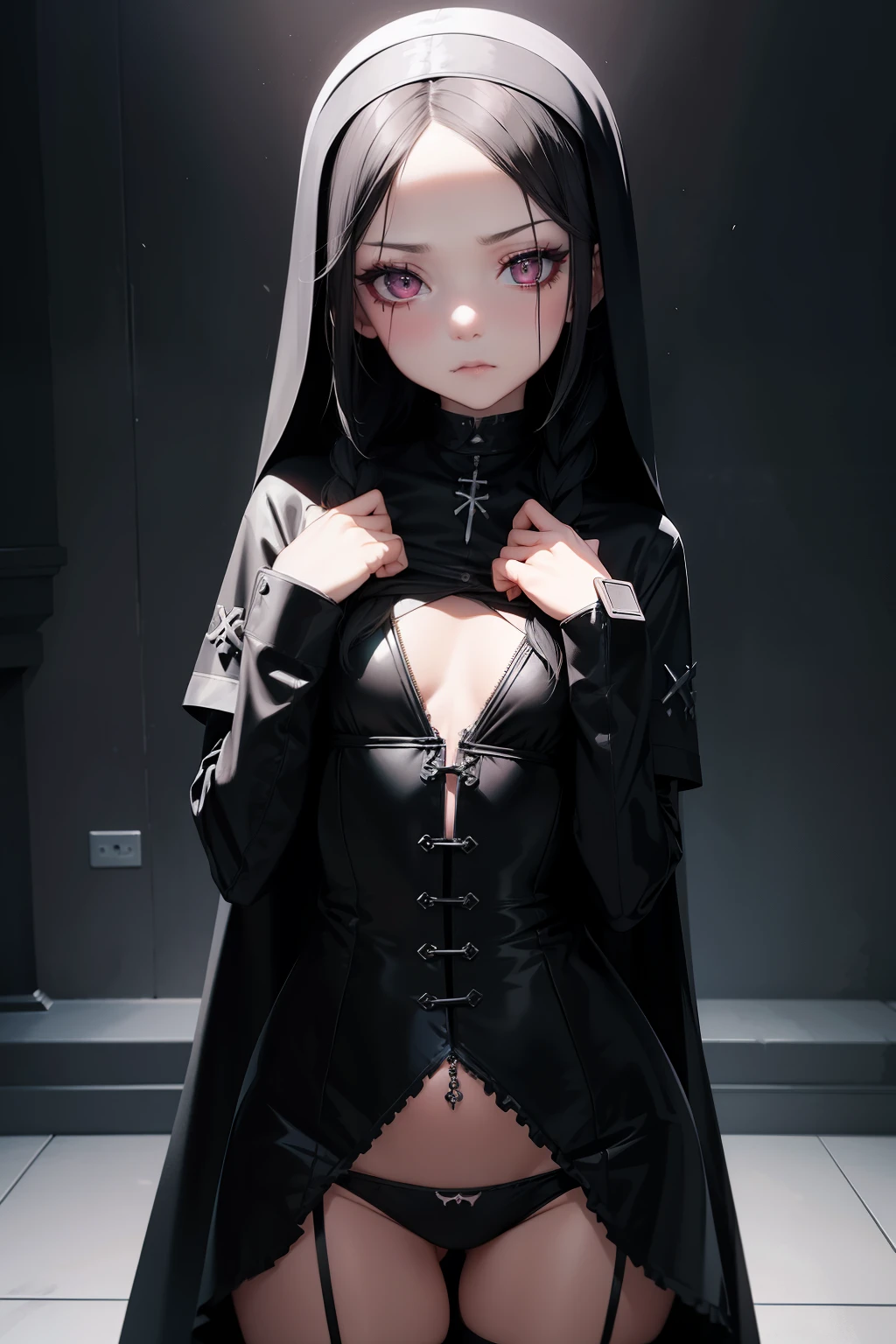 Ultra detailed, girl , body , long black hair frinje braided , makeup , gothic nun , flat chest , punk rock , latex , pantie , menacing face , .