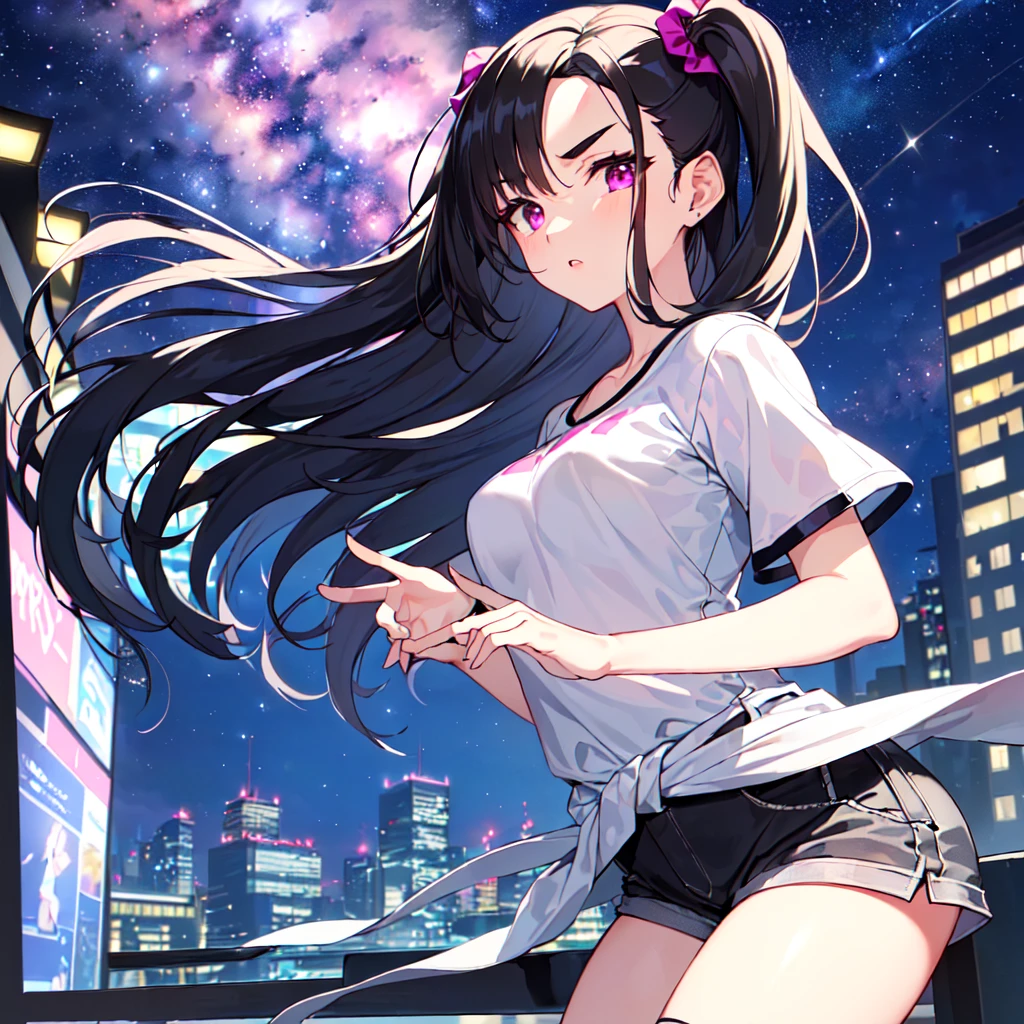 masterpiece, best quality, high quality, extremely detailed, very delicate and beautiful, (1 female 18 years old solo:1.5), (long black hair up to waist with two-side up:1.5), bangs to eyebrows, eyes (eyes sharp, strong, glossy, glossy eyebrows), (eye color magenta:1.3), 6.5 head height, (summer short sleeve casual fashion:1.3), knee socks, lace, ruffles, (meeting someone:1.3), (dynamic pose), (background city:1.3), (Milky Way Night Sky: 1.3)