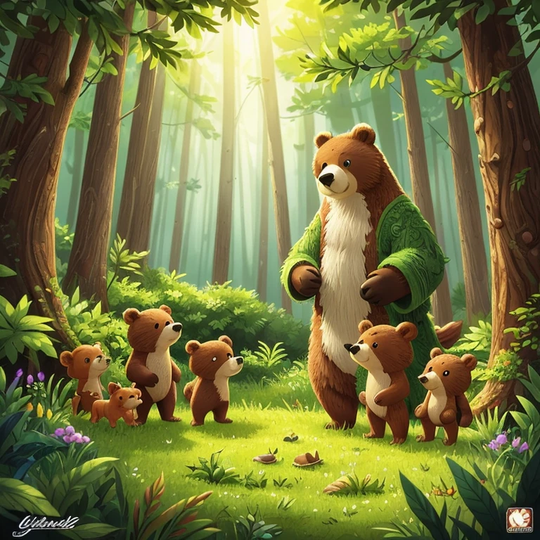forest,comics,highest quality,masterpiece,High resolution,original,Highly detailed wallpaper,girih,1 bear,(Highly detailed CG:1.2),(Little:1.2),