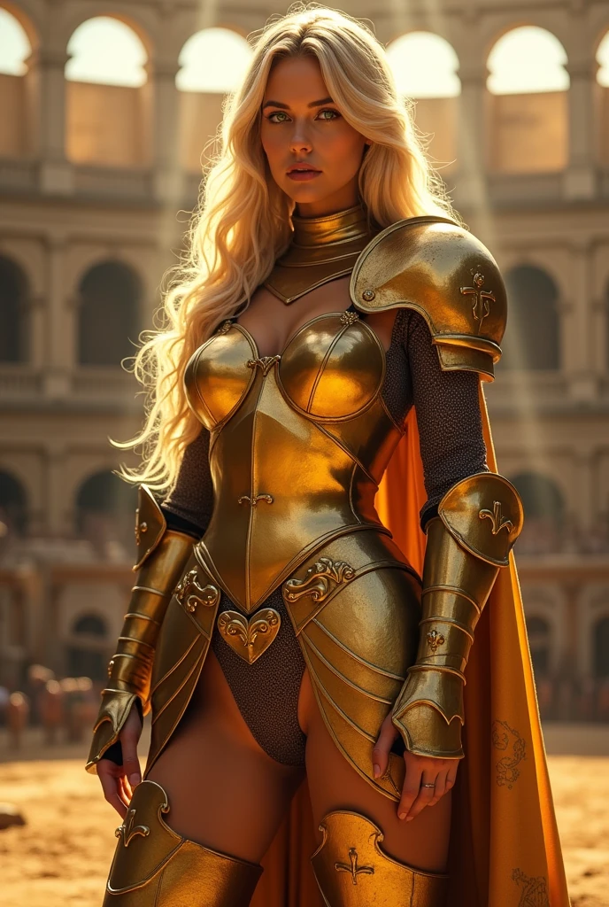 Browsing Caution, 8k, RAW Photos, high quality, Attention to detail, Ultra-high resolution, (Realistic: 1.4), masterpiece, (amazing proportions: 1.6), (10 heads: 1.3), Long legs, Beautiful feet, Tall, Supermodel, Amazingly beautiful and divine medieval Europe々Shishi Female Knight, Exquisite detailing、Dressed in glorious golden armor, With a shining sword. She has beautiful blonde hair, A lively arena. Illuminated by bright lights, Colosseum background, Shine with gold. The knight has long flowing blonde hair and is full of confidence, Calm expression.", (Very revealing armor: 1.4), Exposed skin, White and beautiful skin, Cleavage, Beautiful breasts, Long legs, Beautiful feet,Beautiful green eyes、