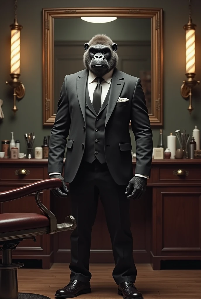 Gorilla in a suit standing in front of a barber's chair working 