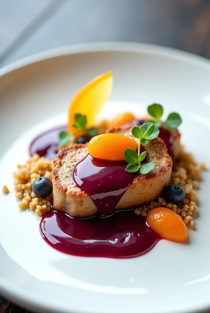 Generate a perfect plating for a dish that includes a whole pork medallion bathed in an açaí coulis and a portion of quinoa. And separately a carambola coulis and in a glass a berry soda. It must be the perfect plating.