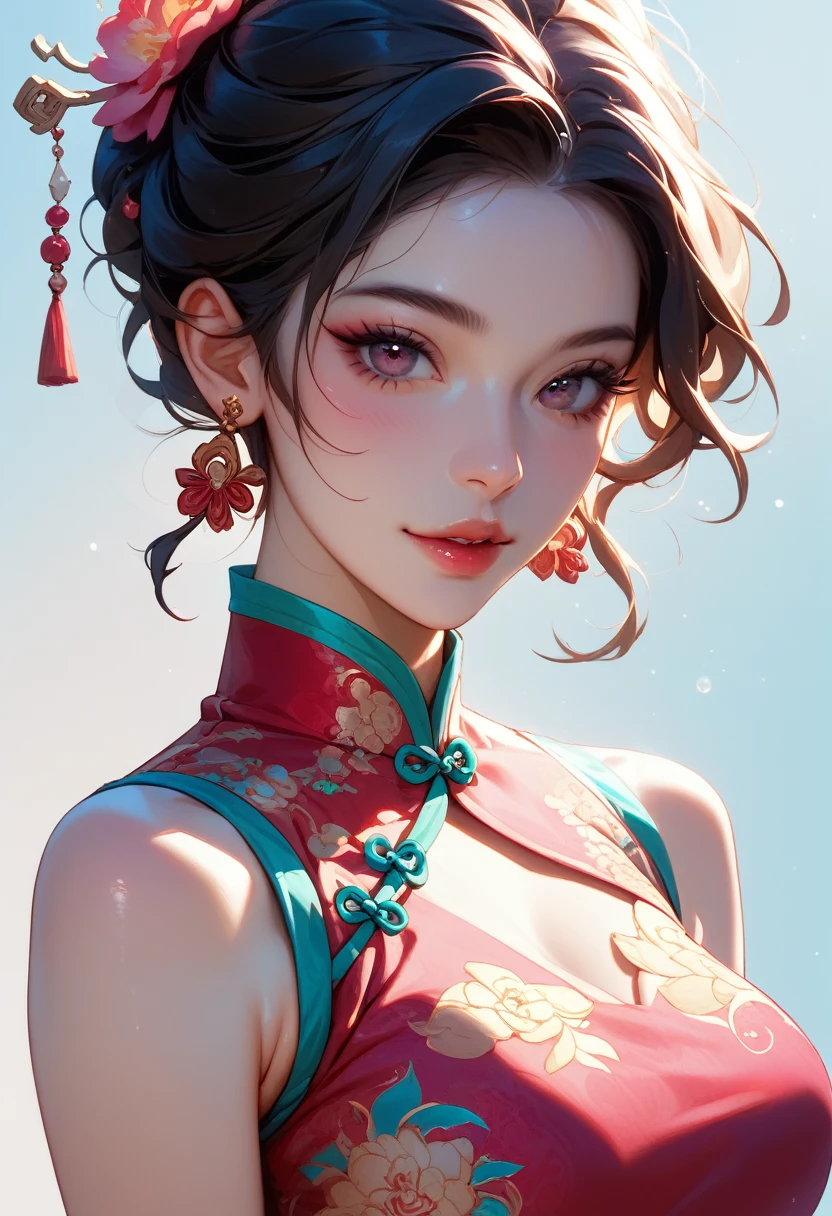 A mesmerizing portrait of a woman in a vibrant Chinese cheongsam, adorned with intricate dragon motifs and a seductive V-neck, evoking the essence of Pu Hua and Tumblr aesthetics.