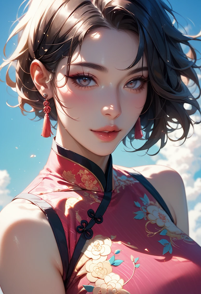 A mesmerizing portrait of a woman in a vibrant Chinese cheongsam, adorned with intricate dragon motifs and a seductive V-neck, evoking the essence of Pu Hua and Tumblr aesthetics.