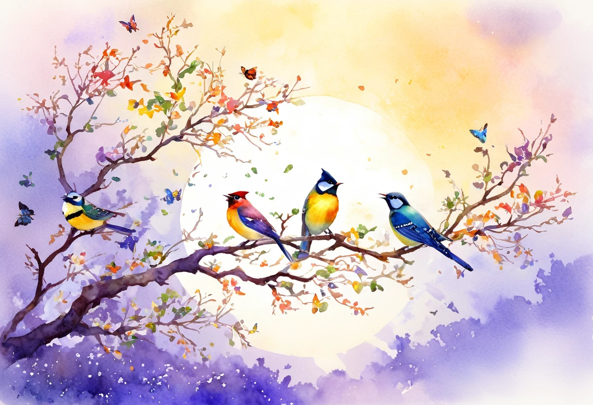 Four birds are perched on a branch、Butterflies are flying around, Multicolored birds, 鳥 f cgsociety, Birds in the sunlight, beautiful artwork, birds and butterflies, Beautiful art, Mystical Bird, Butterflies and birds, a beautiful artwork illustration, Traditional Arts, Beautiful illustrations, artwork, Birds and trees, Jan Born, Watercolor digital painting, Jan J