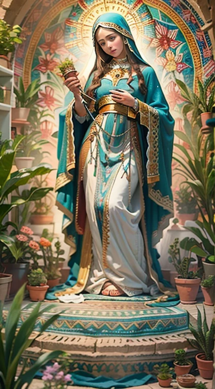 Beautiful Virgin Mary, The surroundings are furnished with comfortable bohemian-style interiors., (full length), live-action, Ultra-realistic