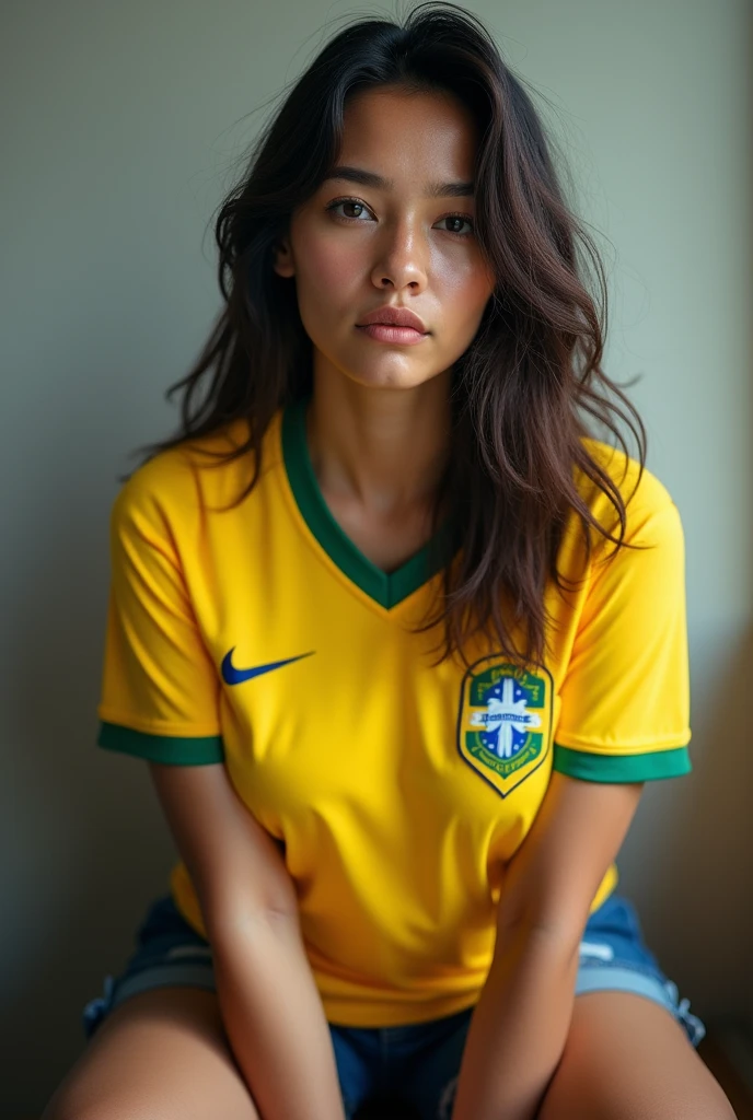 femme Latina de 22 ans avec des grosse lèvre gros seins et le maillot de foot du brésil avec des trait du visage tres realiste et faut pas voir que c est une ia 
assis et moins maquiller avec quelques  default pour etre plus realiste avec des faussette et moins le visage rouge 
fait en sorte que perssone sache que c est fait par une ia  le plus realiste possible 
