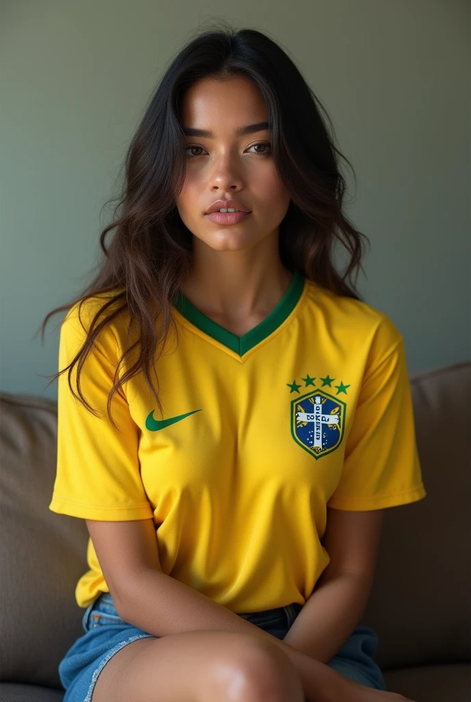 femme Latina de 22 ans avec des grosse lèvre gros seins et le maillot de foot du brésil avec des trait du visage tres realiste et faut pas voir que c est une ia 
assis et moins maquiller avec quelques  default pour etre plus realiste avec des faussette et moins le visage rouge 
fait en sorte que perssone sache que c est fait par une ia  le plus realiste possible 