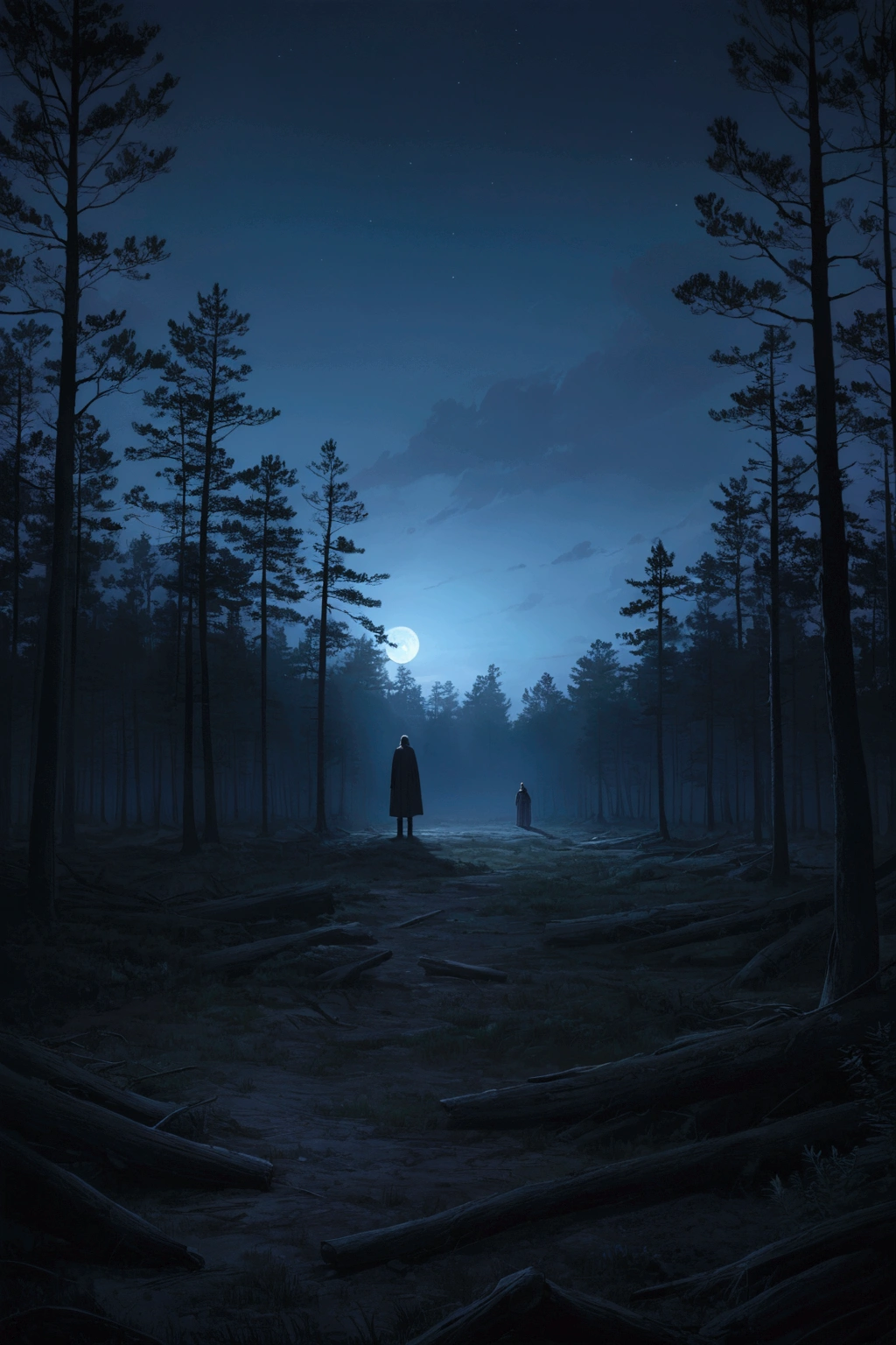 A final, wide view of the Pine Barrens at night, with a shadowy, menacing figure visible in the distance, and an overall sense of dread.