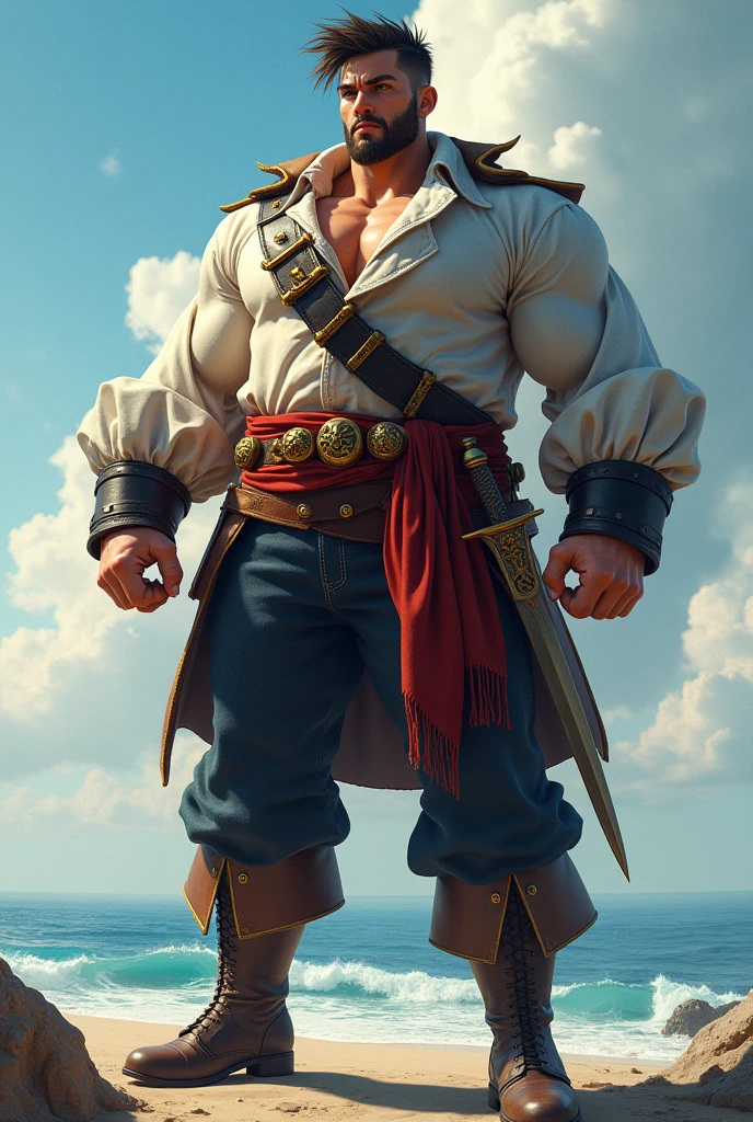 Create a giant with pirate clothing, no beard, with a youthful appearance, between 20 and 23 years old