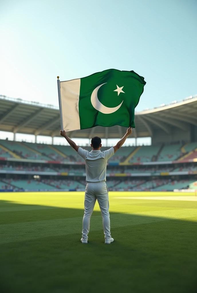 (photorealism :1.2) generate a photo in which i am standing in a cricket stadium with PTI flag in hand