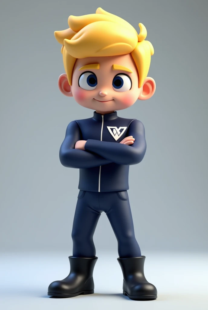 Create a mascot of a short 3D blond male character wearing a dark blue uniform with the logo saying Velocida Max with black boots and crossed hands.