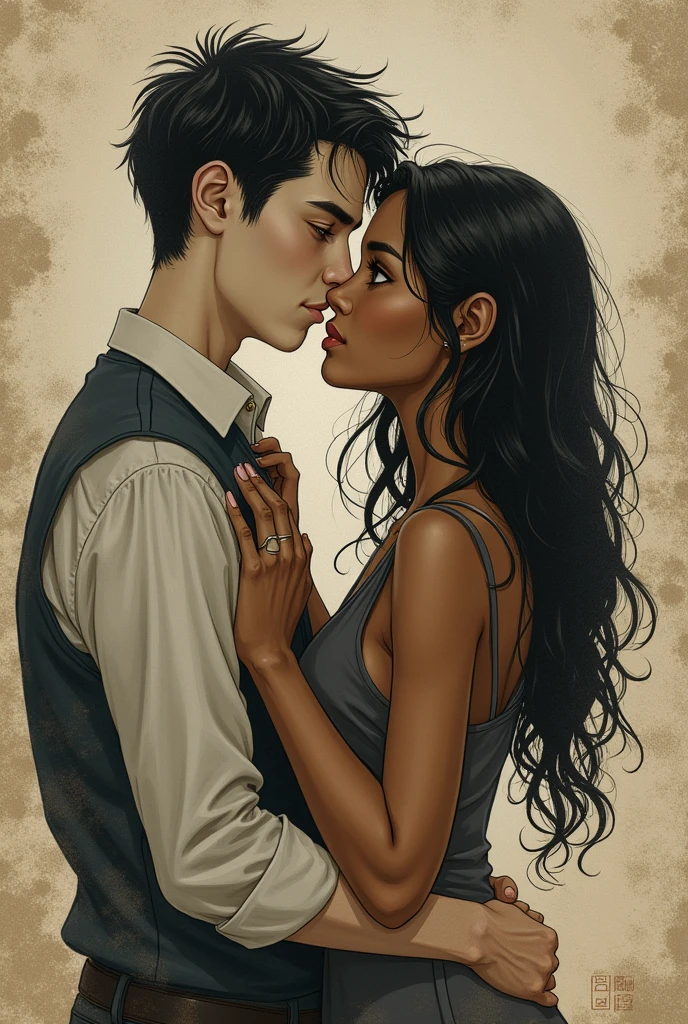 I would like the image to be a 4-part comic, where my partner and I were together, He is white-skinned with very short black hair, small eyes. I am brown-skinned, with long black hair and big brown eyes. I wish it was the end of the world and we were both here until we died and turned into skeletons.. This is how I show that no matter what happens I will be with him., I want the image to express love