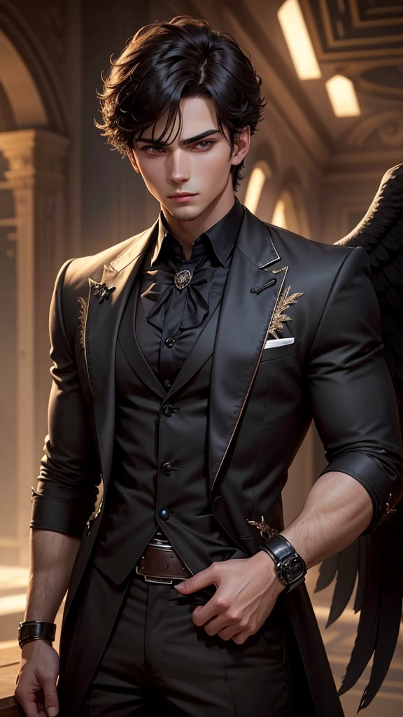 A handsome young man with dark eyes, a seductive and domineering gaze like a fallen angel