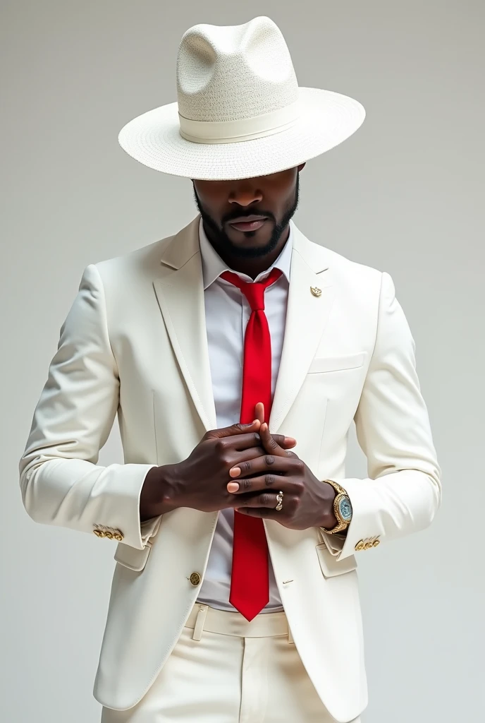 Zé pelintra,charming, trickster, Bohemia, dressed elegantly in a white suit, white pants, white shirt and sparkling white hat with a red tie. black male, rot, stark, flirt, charming, smiling but with a mysterious air, with head down, slightly hidden by the Panama hat. 
black male, stark, charming, flirt, with hands clasped, positioned front 
