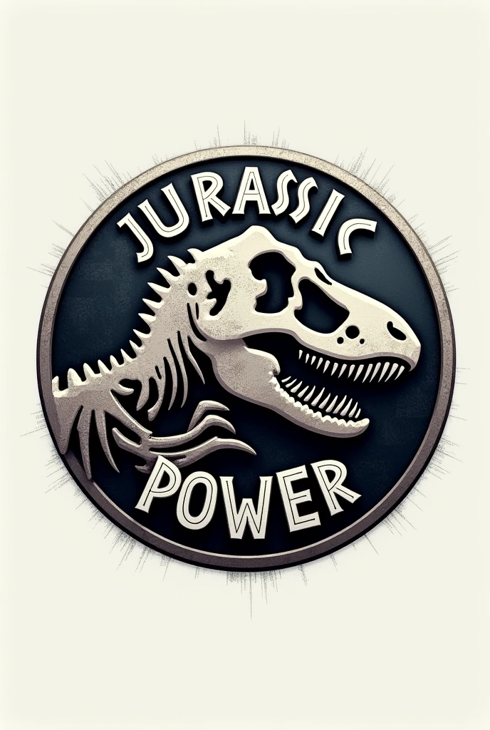 Circular logo with a velociraptor skull only in the center and saying Jurassic power around the logo