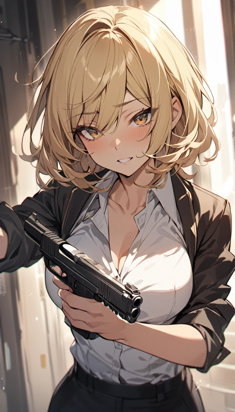 Highest quality,One woman,Rolled up sleeves:1.0,Hitman,Holding a gun towards the viewer:1.0,Detailed pistol,Blonde Short Hair,Open your eyes to enjoy