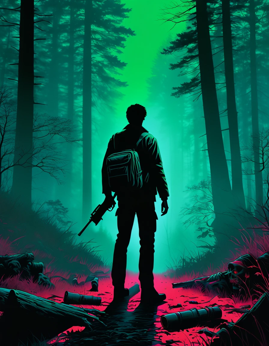 illust、art、from 80s horror movie、a man in forest, fog, high detail, realistic shadow、Analog style, vhs style, 8mm film, chromatic aberration, Dvd screengrab、Complementary color gradient, blood, zombie, a gun
