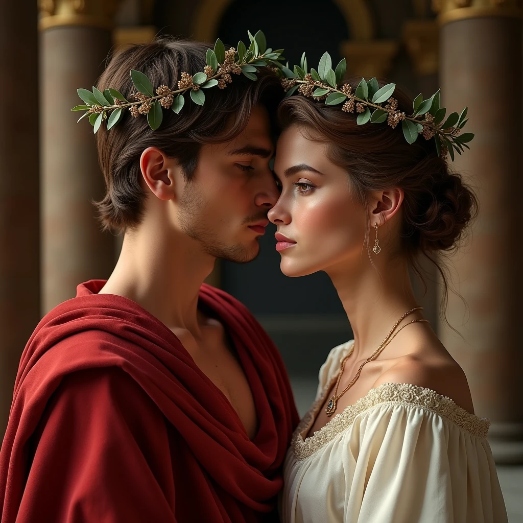 masterpiece, Imagine an imperial wedding in Ancient Rome, 83 Bc, donde el joven y ambicioso Julio césar, 17 years ( wears a laurel wreath, male face, determined and ultra detailed.), is united in marriage with the beautiful and noble cornelia, 14 years, (Skinny body, cabello castaño claro, hazel eyes, Noble yet seductive ultra detailed face) . Imagine the scene filled with promises of greatness and power... cornelia, a Roman noblewoman, radiant in its elegance, embodies the ideal of Roman femininity, Her youthful beauty enhanced by the beautiful ancient Roman clothing of the 1st century BC..c., 16k, ultra high resolution.photorealistic, HD, cRUDO, DSLR