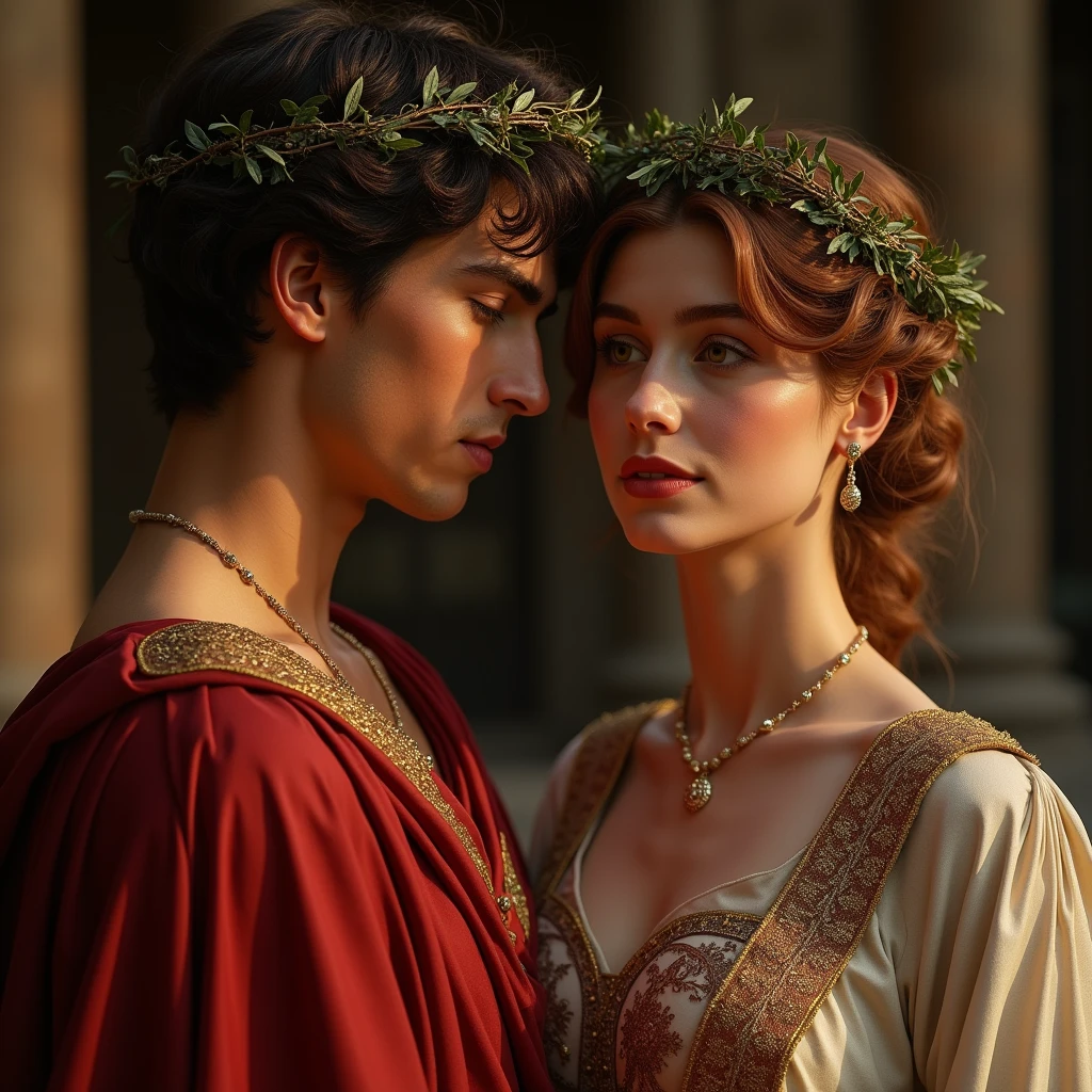 masterpiece, Imagine an imperial wedding in Ancient Rome, 83 Bc, donde el joven y ambicioso Julio césar, ( wears a laurel wreath, male face, determined and ultra detailed.), is united in marriage with the beautiful and noble cornelia, 14 yearsy body, cabello castaño claro, hazel eyes, Noble yet seductive ultra detailed face) . Imagine the scene filled with promises of greatness and power... cornelia, a Roman noblewoman, radiant in its elegance, embodies the ideal of Roman femininity, Her youthful beauty enhanced by the beautiful ancient Roman clothing of the 1st century BC..c., 16k, ultra high resolution.photorealistic, HD, cRUDO, DSLR