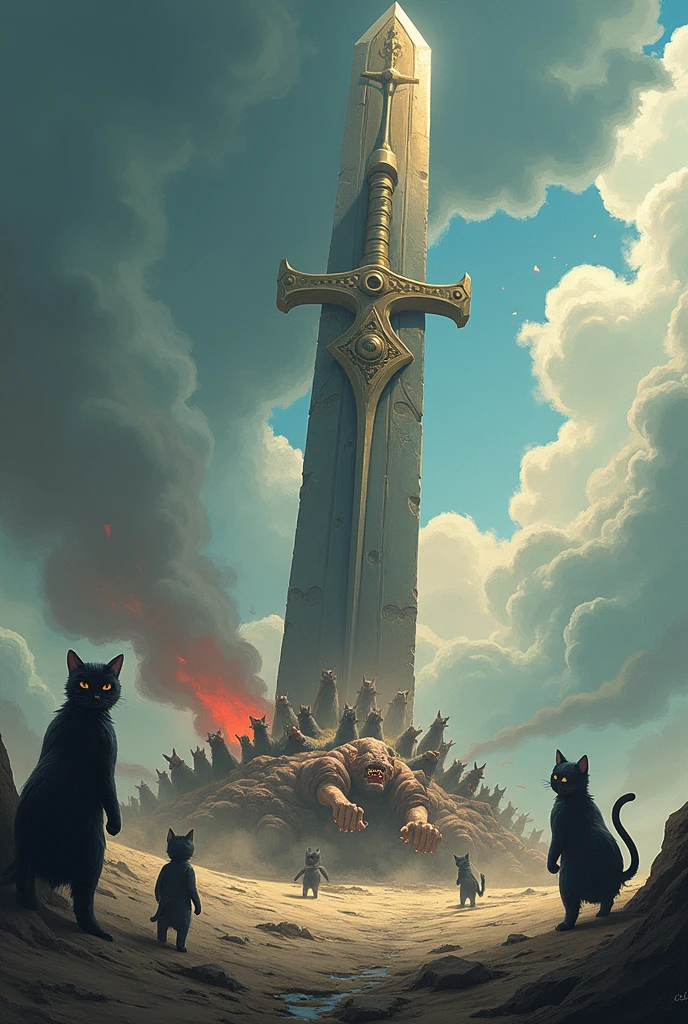 A giant sword piercing the point、The Demon King's Death Throes、cat ninja、Many cute cat ninjas