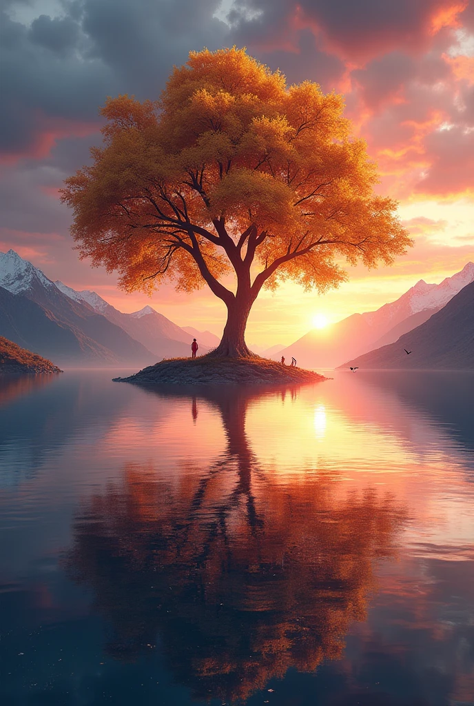 A surreal landscape with a dramatic sunset where the sky is full of vibrant colors, as orange, pink and purple, reflecting in a crystal-clear lake. En el centro de la imagen, there is a large solitary tree with golden leaves that shine in the setting sun. Ao fundo, snow-capped mountains contrast with the colorful sky, and small birds in silhouette fly on the horizon. The image conveys a sense of calm, Magic and infinity.