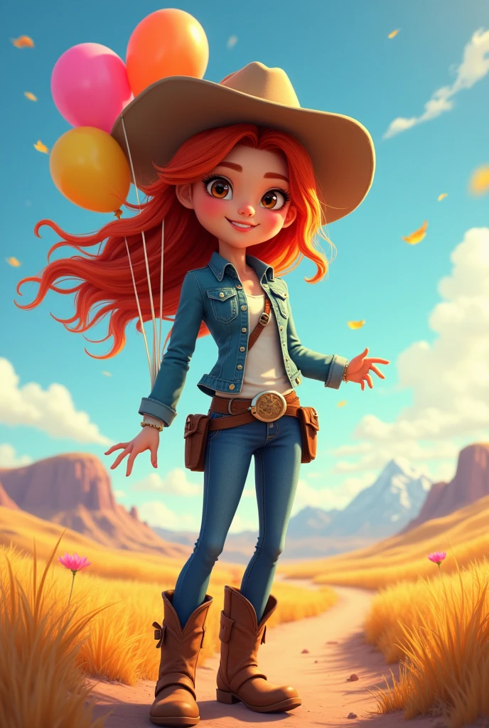 Cowgirl chick, Red hair, big dark eyes, with balloons in her hand