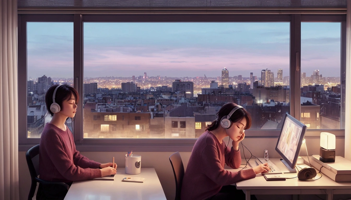 Portrait、512、Lo-Fi、Sitting in a chair with headphones on、Take a nap at your desk、close your eyes、city view outside the window、evening、pastel colour、Painting