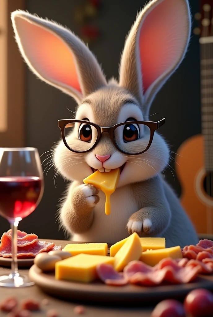 Rabbit qui mange une raclette,charcuterie,realistic,verre de vin,sourire,joie,lunette,guitar