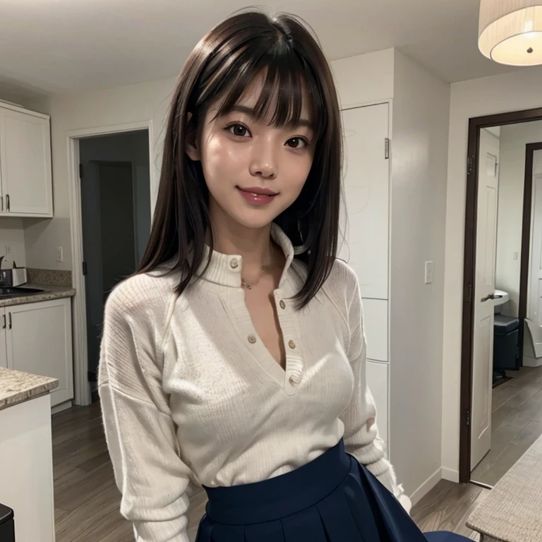 Masterpiece、8k、Very realistic、Japanese、One person、woman、Skinny athletic model body、Flat Chest、tall、Description：whole body、50 years old、(Hairstyle：Bangs(1.6))、At home, in the room、The best smile、clothing：Wearing a white shirt(1.6)、Wearing a navy skirt、