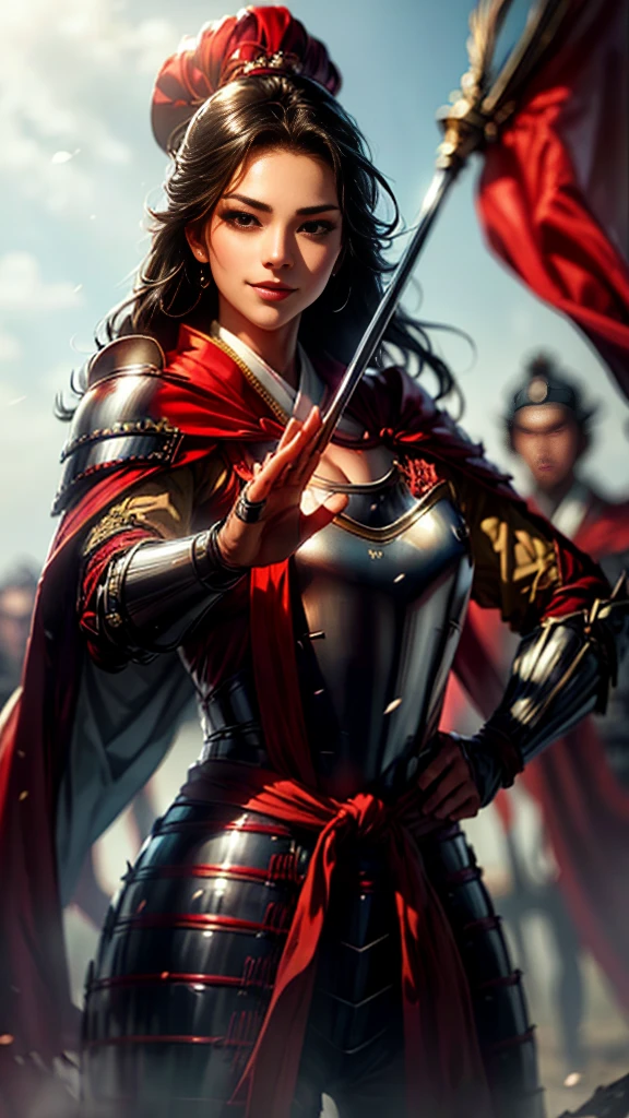 Beautiful woman with dark hair：1.3, Amazing character art, ((Knight Armor:1.3 )),((Pure white background)), (8k, RAW photo, best quality), Handsome，Beautiful female knight, 2. 5D CGI Anime Fantasy Artwork, Detailed digital art, Very nice work of art, Fan Art Best Art Station, (Red velvet long cape),(Stretch your open hand forward:1.3), (Hands on hips),(on stage:1.2),((From below)),Eyes looking into the distance,(A female general gives orders to her soldiers:1.3),Muscular,(samurai:1.2),dynamic,Confident,An inappropriate smile,Overbearing,samurai：1.2,Japan