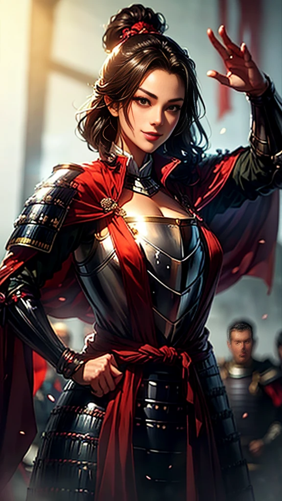 Beautiful woman with dark hair：1.3, Amazing character art, ((Knight Armor:1.3 )),((Pure white background)), (8k, RAW photo, best quality), Handsome，Beautiful female knight, 2. 5D CGI Anime Fantasy Artwork, Detailed digital art, Very nice work of art, Fan Art Best Art Station, (Red velvet long cape),(Stretch your open hand forward:1.3), (Hands on hips),(on stage:1.2),((From below)),Eyes looking into the distance,(A female general gives orders to her soldiers:1.3),Muscular,(samurai:1.2),dynamic,Confident,An inappropriate smile,Overbearing,samurai：1.2,Japan