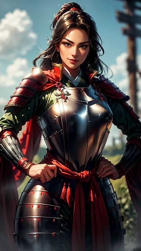 Beautiful woman with dark hair：1.3, Amazing character art, ((Knight Armor:1.3 )),((Pure white background)), (8k, RAW photo, best quality), Handsome，Beautiful female knight, 2. 5D CGI Anime Fantasy Artwork, Detailed digital art, Very nice work of art, Fan Art Best Art Station, (Red velvet long cape),(Stretch your open hand forward:1.3), (Hands on hips),(on stage:1.2),((From below)),Eyes looking into the distance,(A female general gives orders to her soldiers:1.3),Muscular,(samurai:1.2),dynamic,Confident,An inappropriate smile,Overbearing,samurai：1.2,Japan