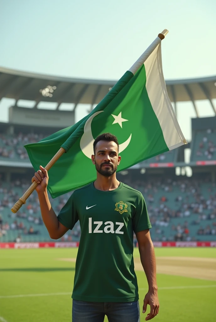 (photorealism :1.2) generate a photo in which i am standing in a cricket stadium with PTI flag in hand writte izaz on my shirt