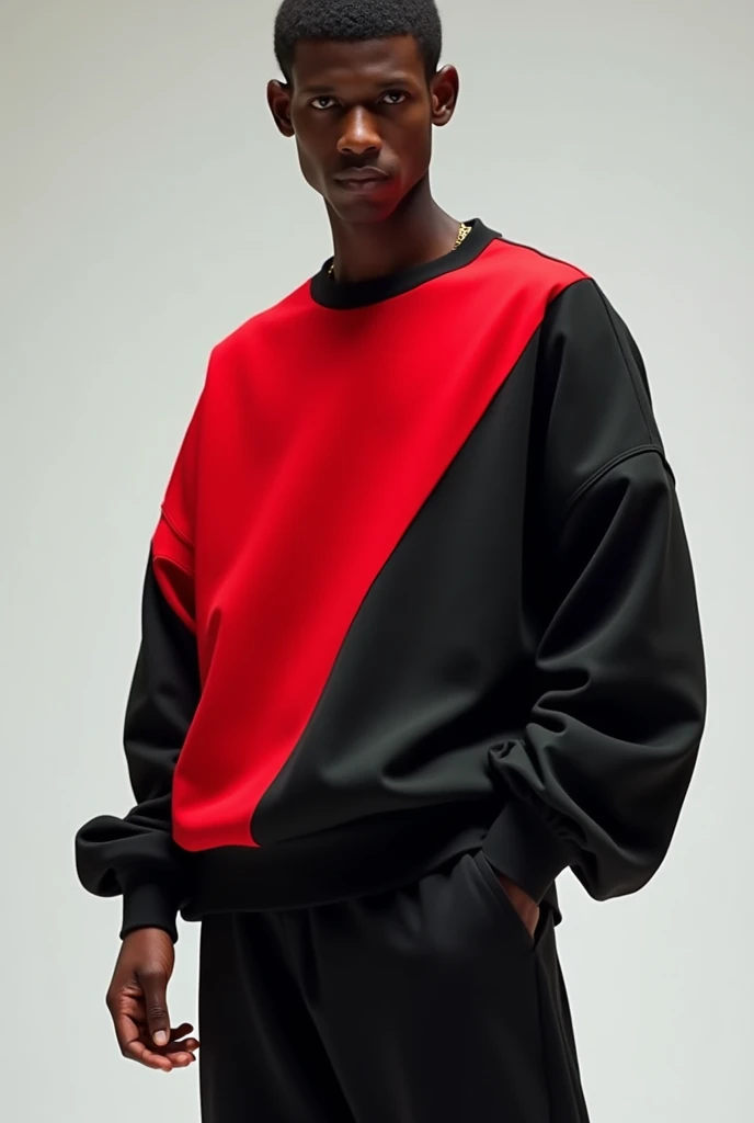 A person wearing a red and black half-and-half sweatshirt, black sweatpants and loose black sleeve arms.