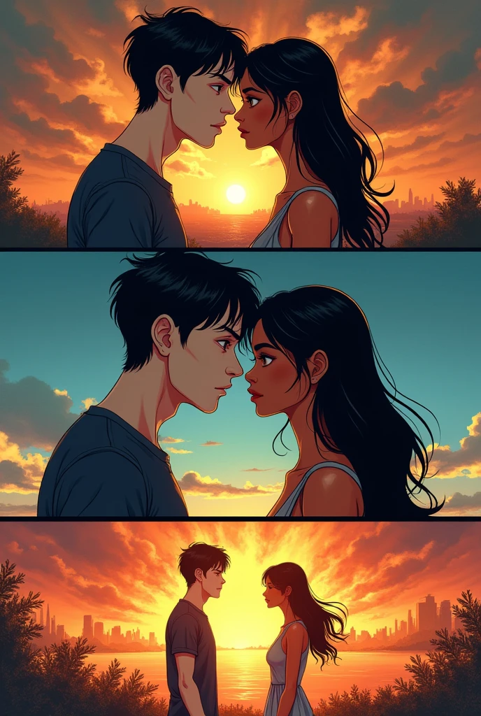 I would like the image to be a 4-part comic, where my partner and I were together, He is white-skinned with very short black hair, small eyes. I am of light brown skin, with long black hair and big brown eyes. I wish the world would end and we would both be there until we die and become skeletons during an explosion. This is how I show that no matter what happens I will be with him., I want the image to express love