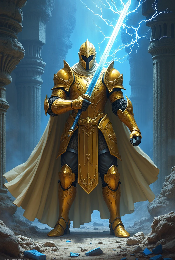 ((Best Quality)), ((masterpiece)), (detailed)  A knight in golden armor, in a battle pose, wielding a lightning-infused lance, inside a cave., Battle armor, There will be blue in a destroyed kingdom