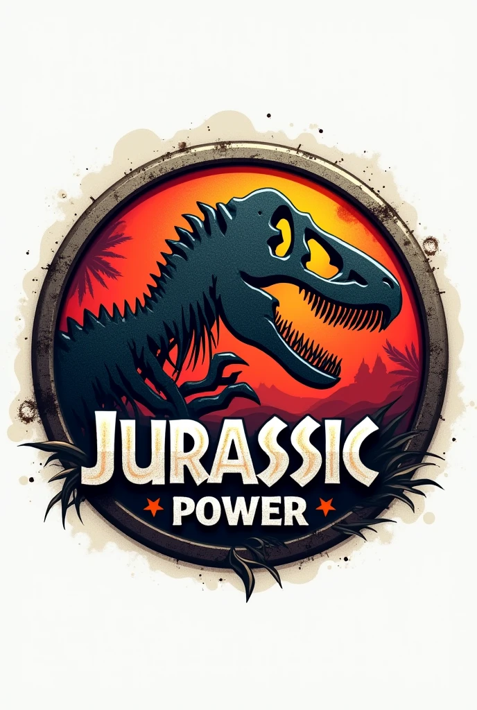 Circular logo with a velociraptor skull only in the center and saying Jurassic power around the logo