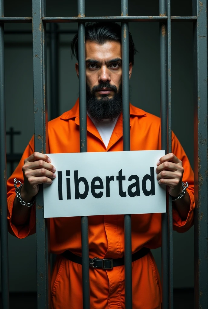 Image of a prisoner behind bars handcuffed with a white sheet in his hand that says freedom in Spanish dressed in orange Give me that same photo but horizontally with the text in Spanish that says freedom