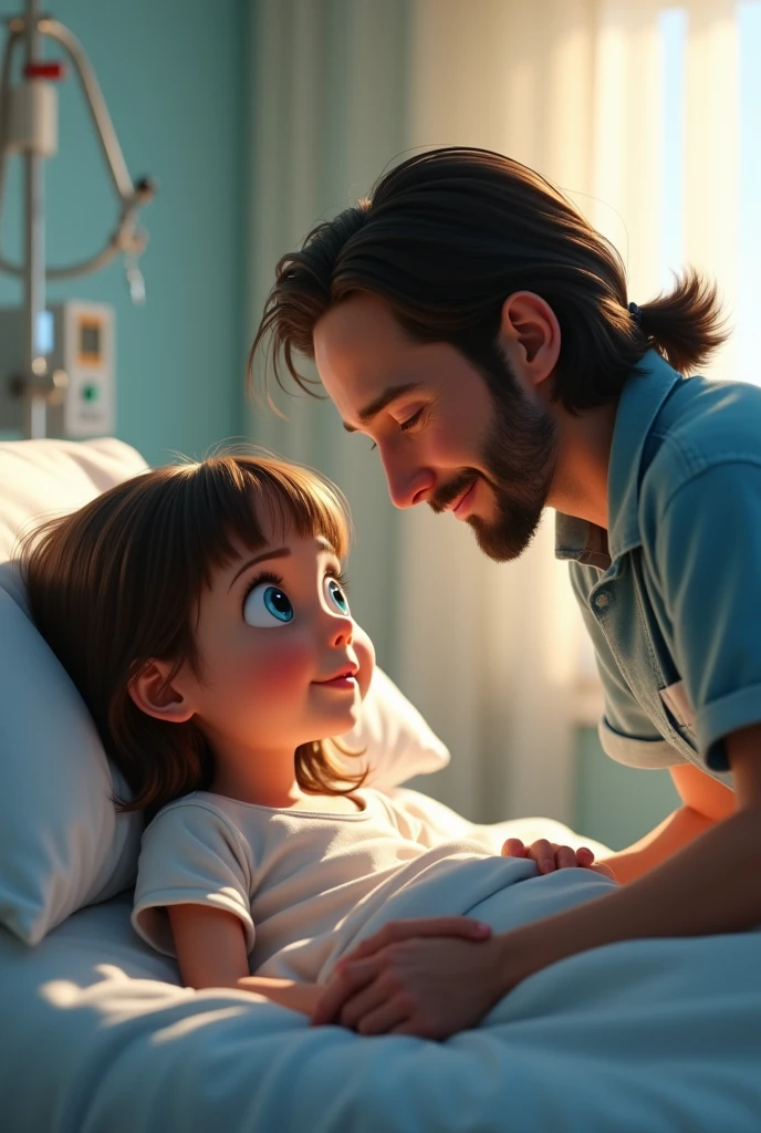   a  sick young girl at the hospital keanu reeves visiting her, pixar style,  cinematic,  masterpiece, high-aesthetic, realistic 