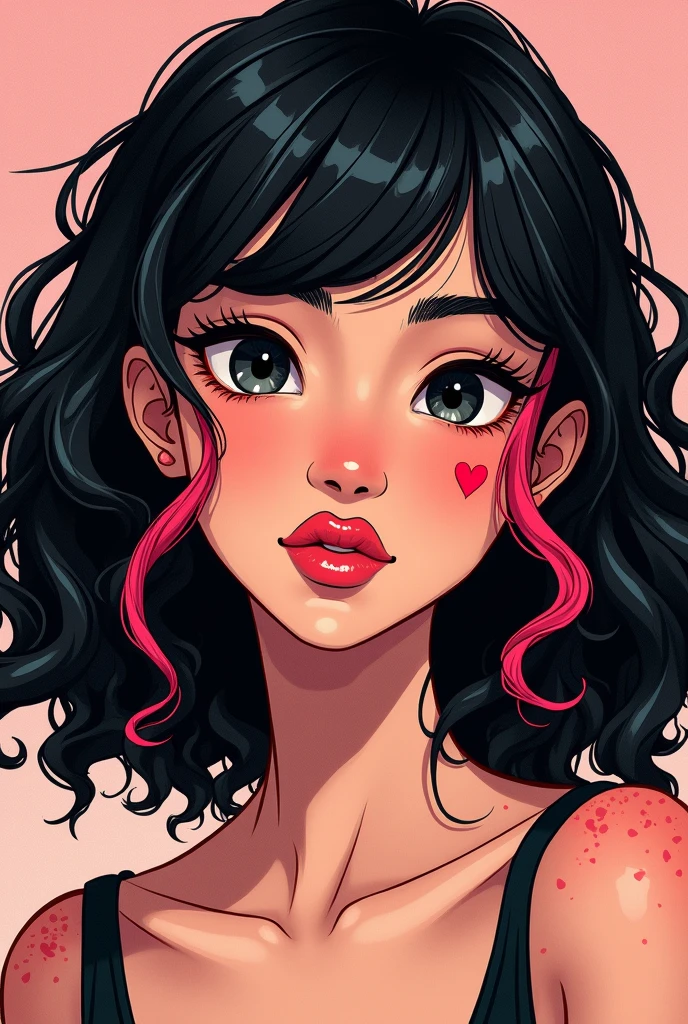 pretty Woman, Black hair, a strand of pastel red hair, black eyes, thesis clara, a small red heart on the right cheek, comic-style image, shoulder length curly hair