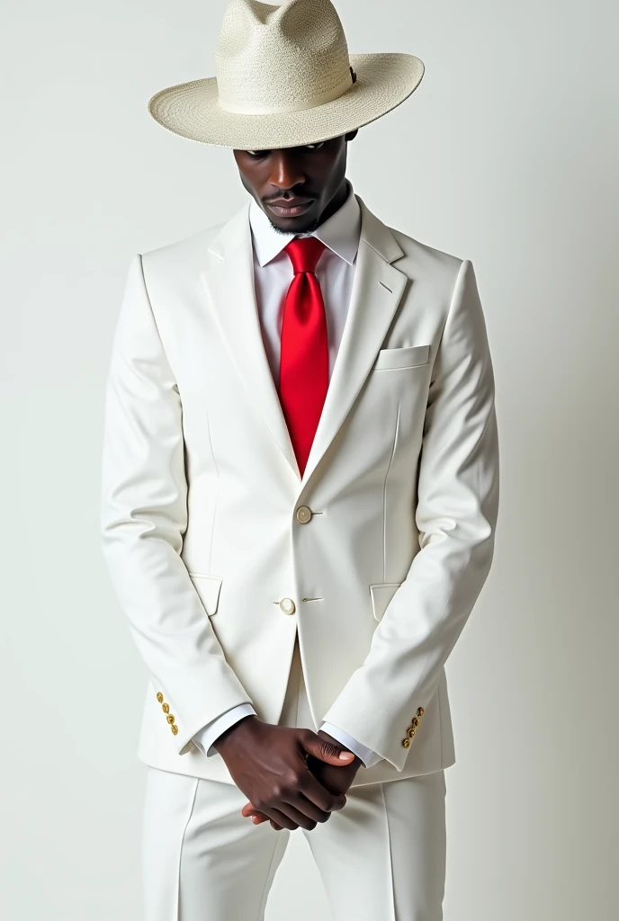 Zé pelintra,charming, trickster, Bohemia, dressed elegantly in a white suit, white pants, white shirt and white sparkling panama hat with red tie. black male, rot, stark, flirt, charming, smiling but with a mysterious air, with head down, slightly hidden by the Panama hat. 
black male, stark, charming, flirt, with hands clasped, positioned front 