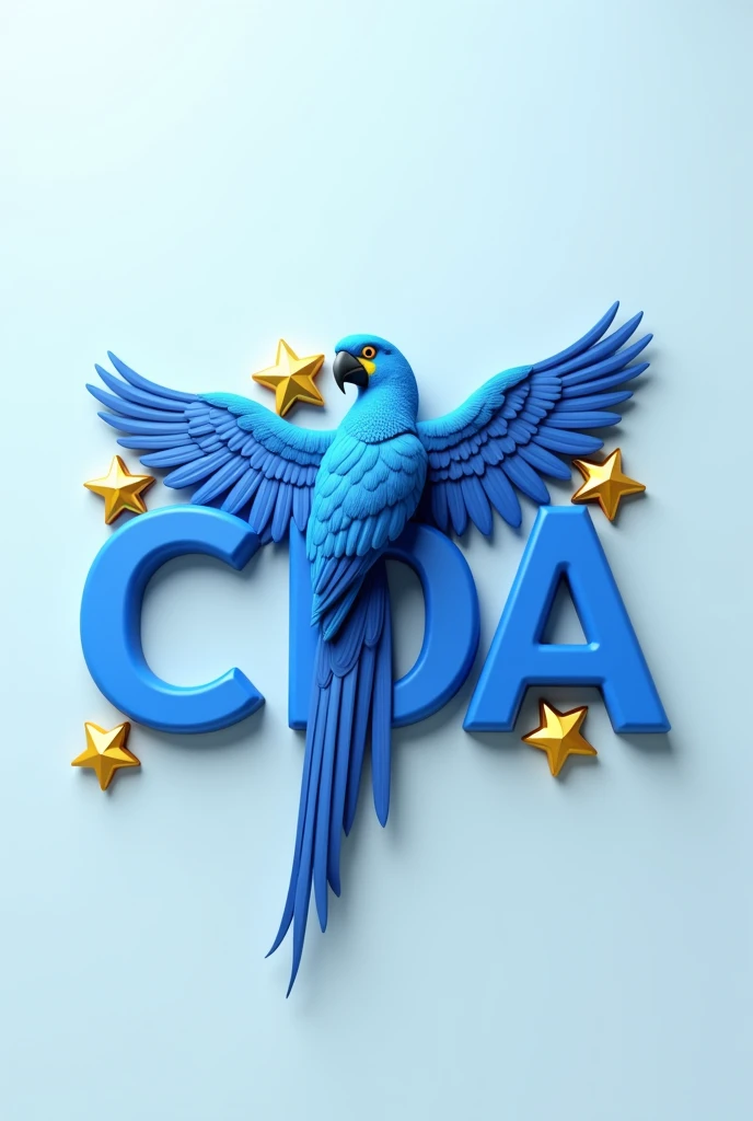 create 3D logo of a blue macaw between the letters CDA.
insert the phrase Blue Dance Body add 4 gold stars around the entire image created.
