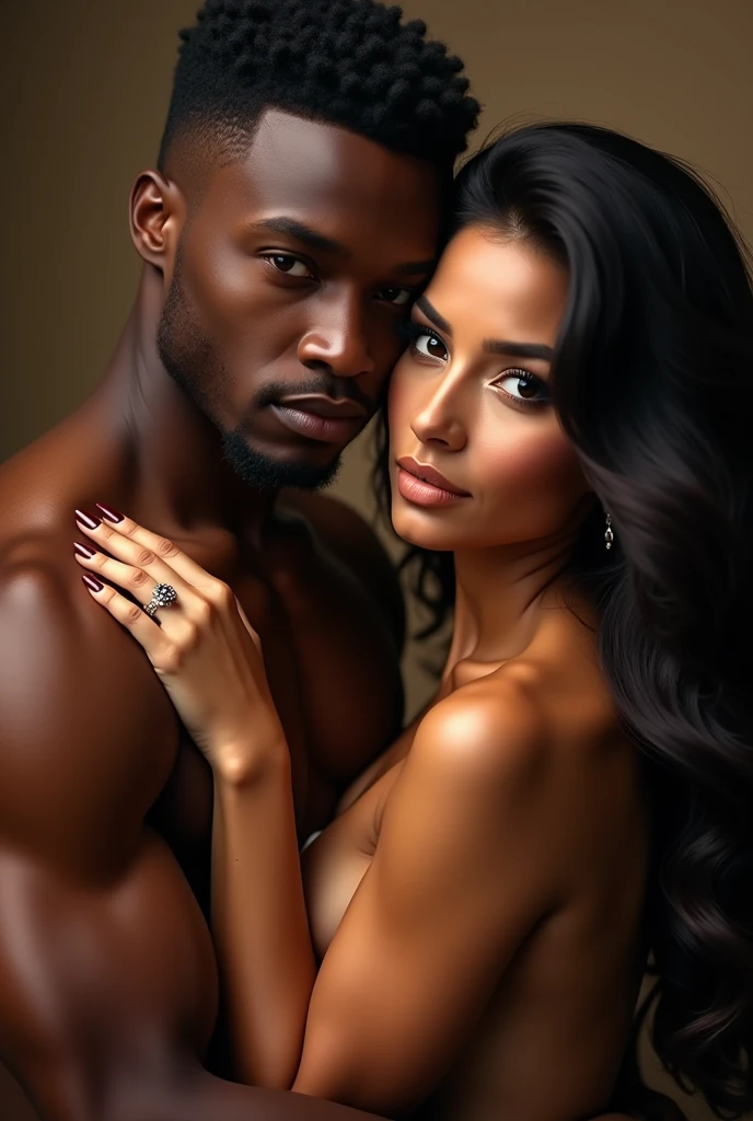 a close up of a young afroamerican man and beautiful Latin woman with dark skin chocolate color eyes looking at viewer emerald green color, seductive big body balanced , perfect beauty, long silky hair with waves embracing each other, intimate holding close, man and woman in love, engagement ring ads, by Emma Andijewska, by Matt Cavotta, hand on his cheek, couple pose, couples portrait, arm around her neck, couple portrait, man and woman, lovely couple, holding each other hands