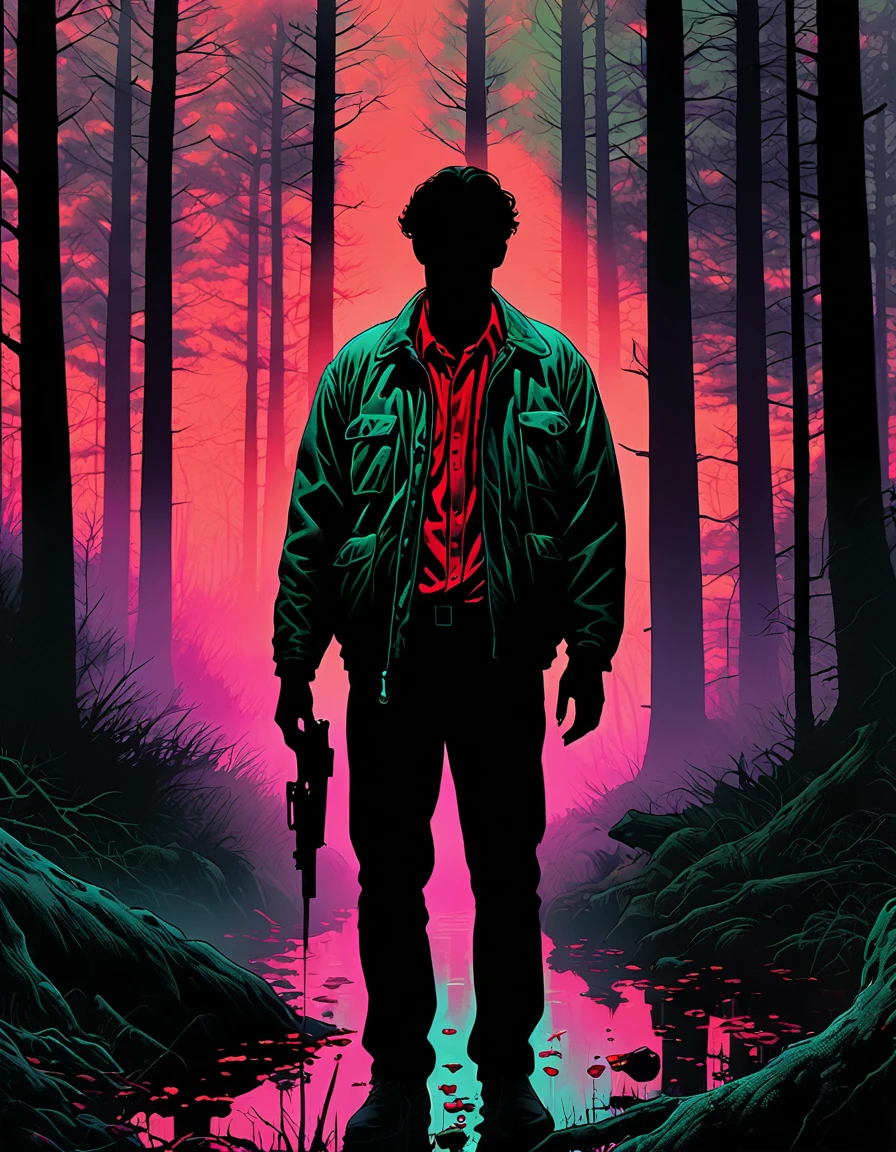 illust、art、from 80s horror movie、a man in forest, fog, high detail, realistic shadow、Analog style, vhs style, 8mm film, chromatic aberration, Dvd screengrab、Complementary color gradient, blood, zombie
