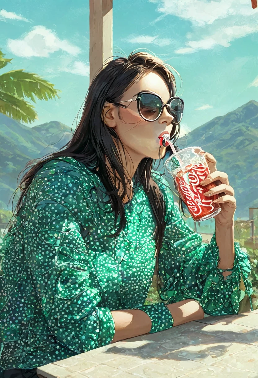 Skeleton sipping soda from a glass with a straw