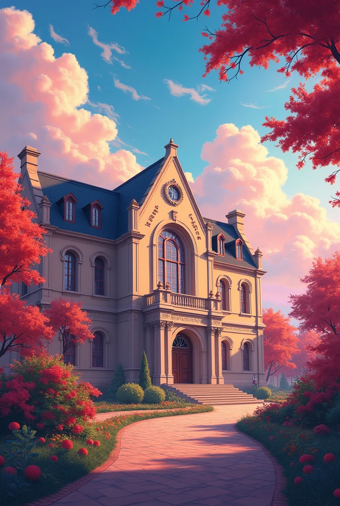 Beautiful School,  Music 학교, rainbow, Red Clouds, School Name 1879,  Music. music school