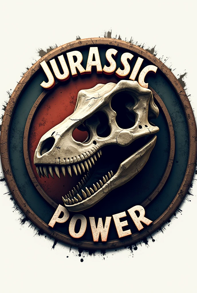 Circular logo with a velociraptor skull only in the center and saying Jurassic power around the logo