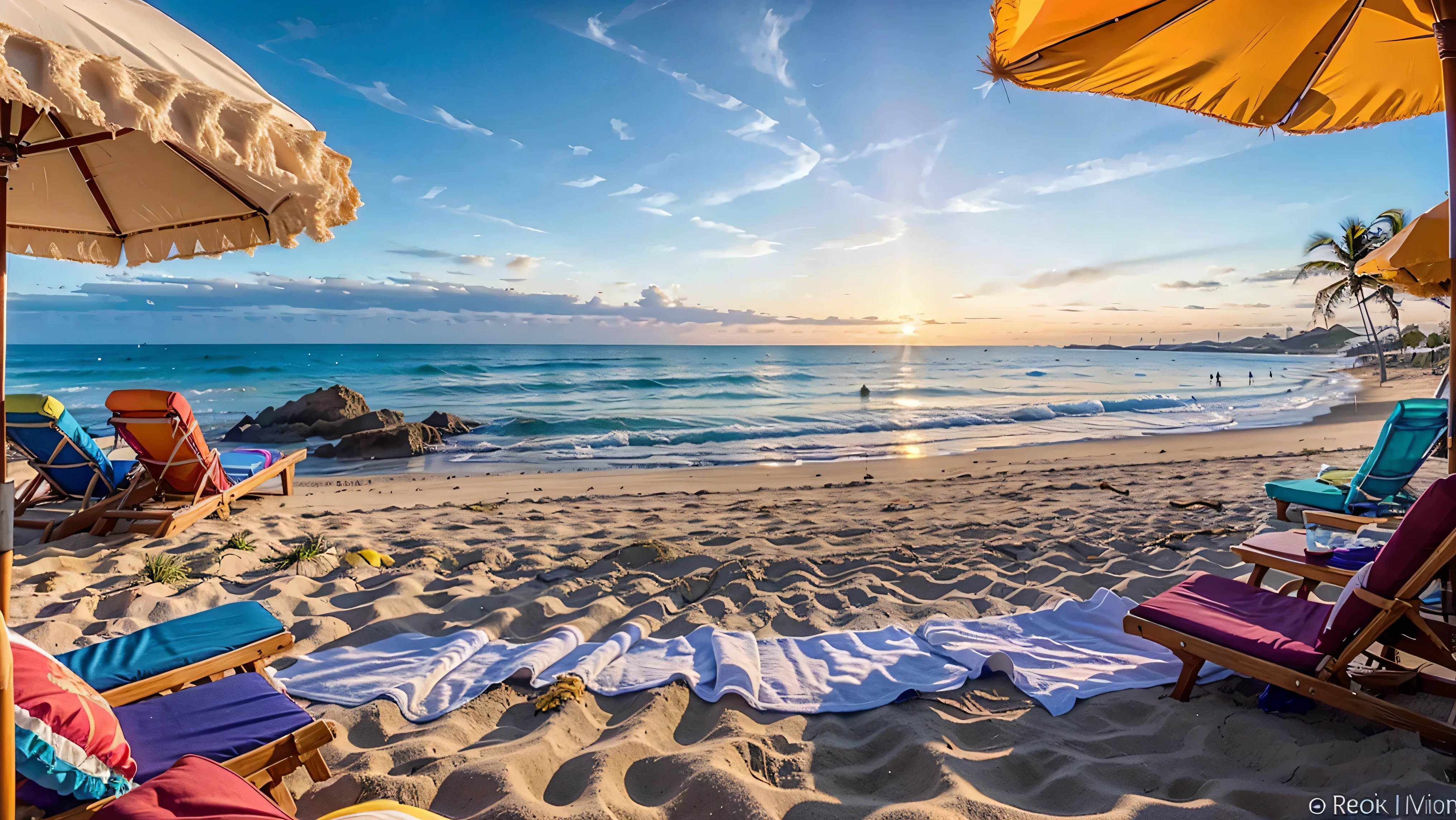 The scene is set on a vibrant, bustling Malibu beach, where the sun casts its golden rays upon the glistening sand, creating a warm and inviting atmosphere. The azure waves rhythmically kiss the shoreline. In the foreground, a colorful umbrella stands tall, its fabric rippling gently in the ocean breeze. Beneath it, a beach chair invites relaxation, its cushions adorned with vibrant patterns that mirror the kaleidoscope of hues dotting the coastline. Further down the beach, a jet ski rests on the sand, its sleek design contrasting with the organic shapes of the surrounding landscape. Its vibrant colors hint at the thrill and adventure it offers, beckoning adventurers to explore the cerulean waters beyond. As the sun reaches its zenith, the scene comes alive with an explosion of color. Beach towels sprawl across the sand, each one a canvas of bold patterns and tropical motifs. Families frolic in the shallows, their laughter mingling with the cries of seagulls soaring overhead. In the distance, palm trees sway gently against the backdrop of a clear, azure sky, their fronds casting dappled shadows on the sand below. The scent of salt hangs in the air, mingling with the tang of sunscreen and the aroma of freshly grilled seafood from nearby beachside cafes. As the day wears on and the sun begins its descent, the beach takes on a magical quality. The sky ignites in a fiery display of oranges, pinks, and purples, casting a warm glow over the entire scene. Silhouettes of beachgoers dance against the backdrop of the setting sun, their joyous spirits mirroring the beauty of the paradise they inhabit. (best quality,4k,8k,16k,32k,64k,Highest,masterpiece:1.3),(realistic,photo-realistic,photorealistic:1.4),