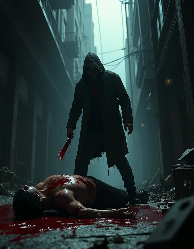 A crime scene and a killer with knife
